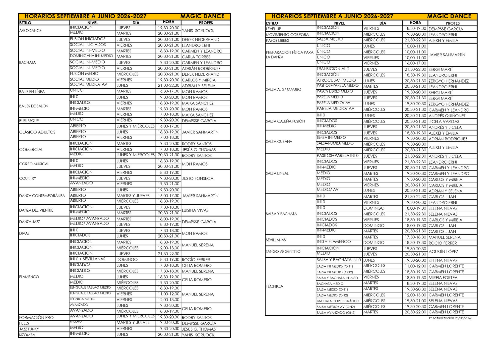 Horario adultos Magic Dance 2026/27